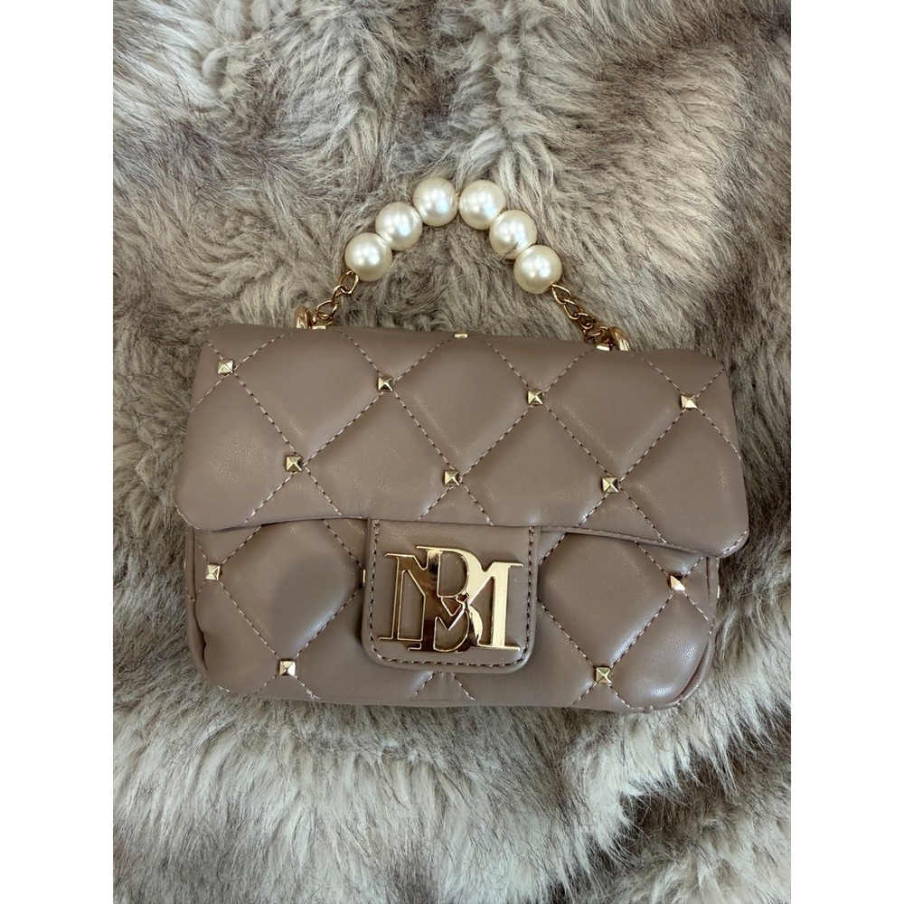 Badgley Mischka Quilted Studded Crossbody Bag Taupe Pearl Handle BM Logo